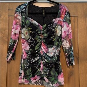Elana Kattan Ruched Top blouse Womens L Mesh Floral Babydoll Sweetheart neckline